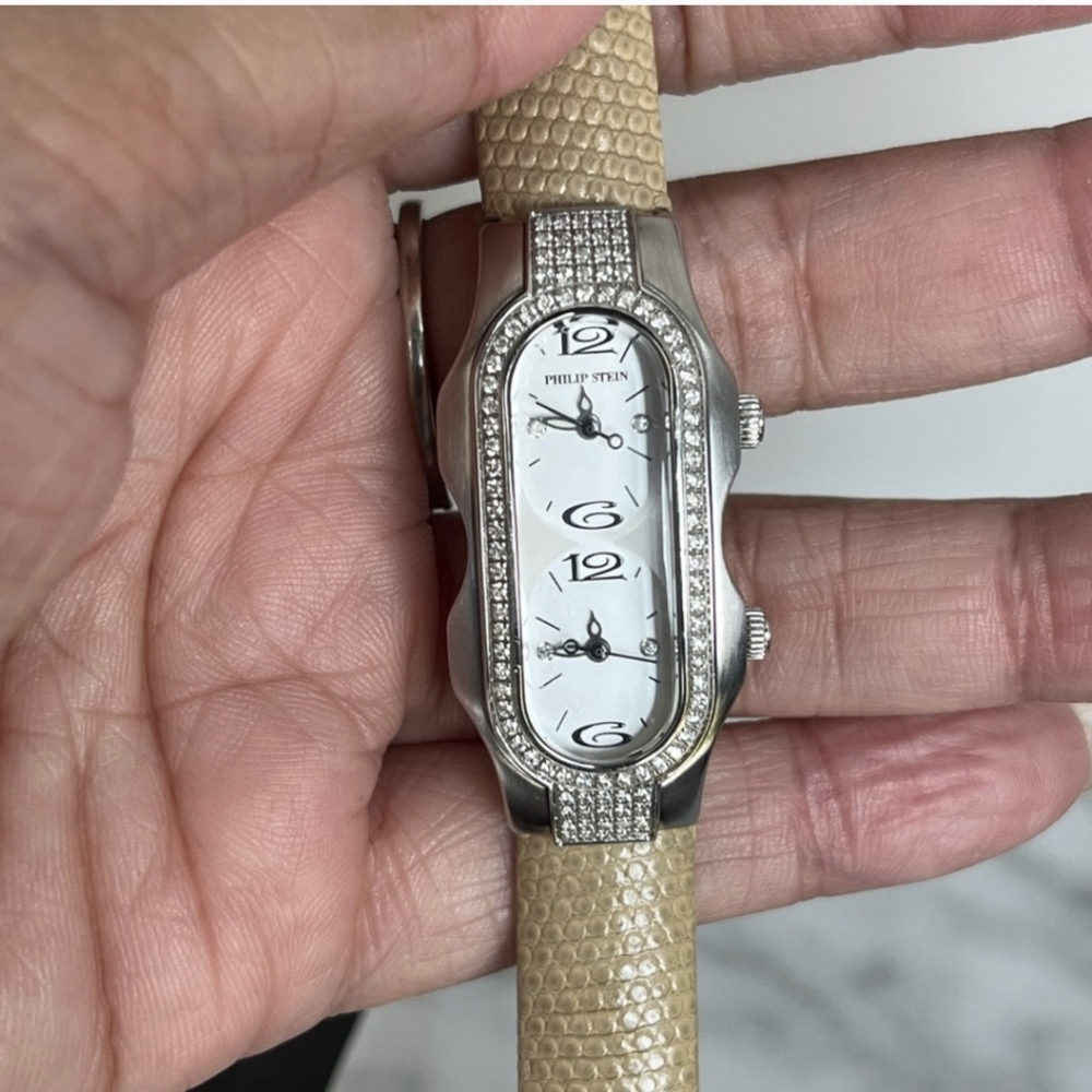 Philip Stein Dual Time Silver Watch with Beige Strap